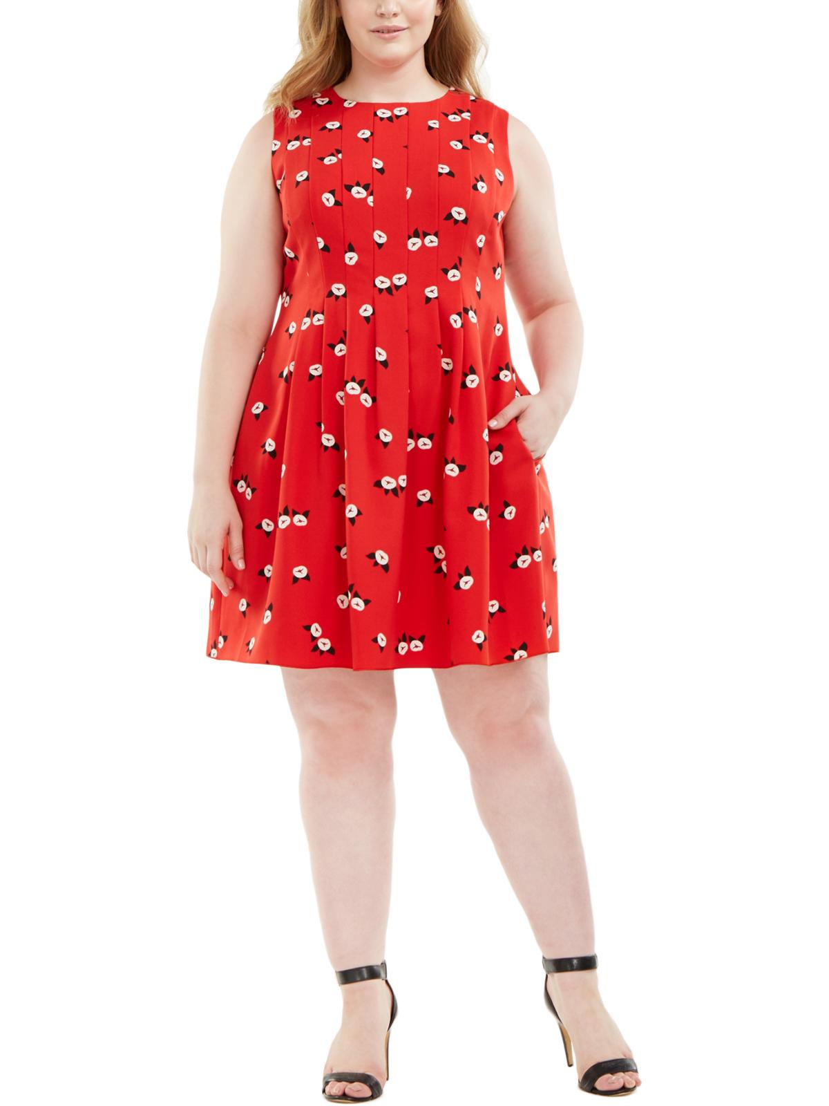 Anne Klein Womens Plus Chatterly Rose Pleated Scuba Dress Red 18W